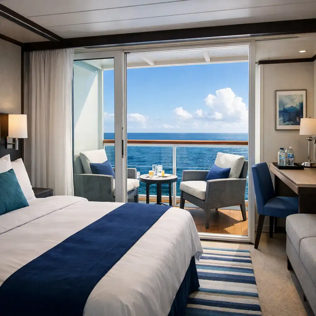Balcony cruise ship cabin with sliding glass door open to a private balcony overlooking the ocean