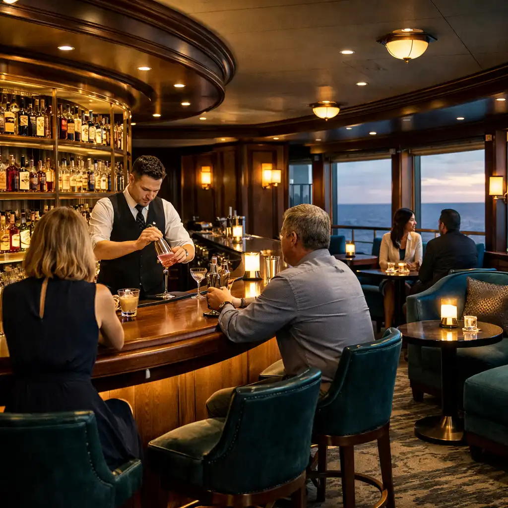 Stylish bar lounge with curved wooden bar, backlit shelves, and ocean views