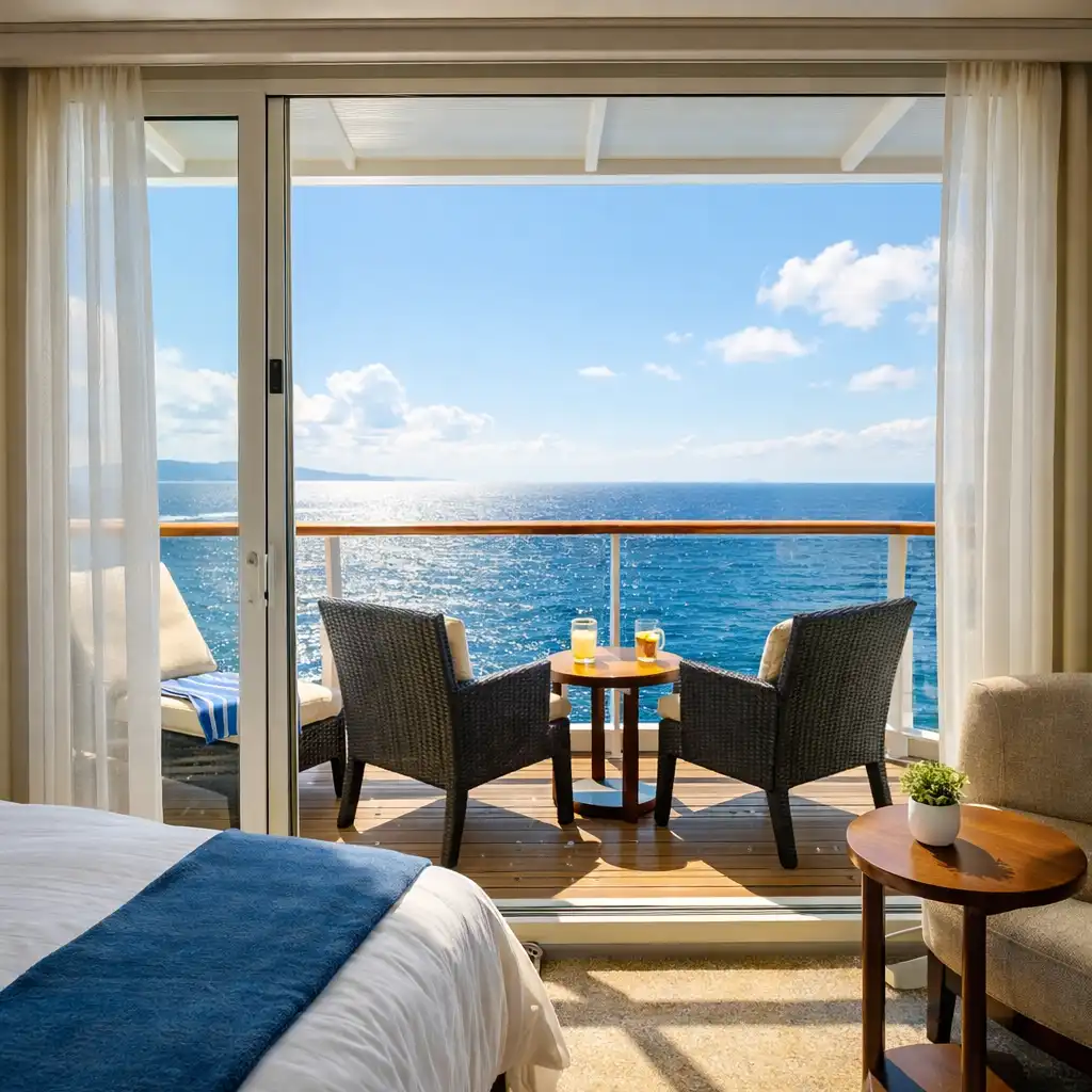 A balcony cabin with sliding glass doors open to a private ocean-view balcony