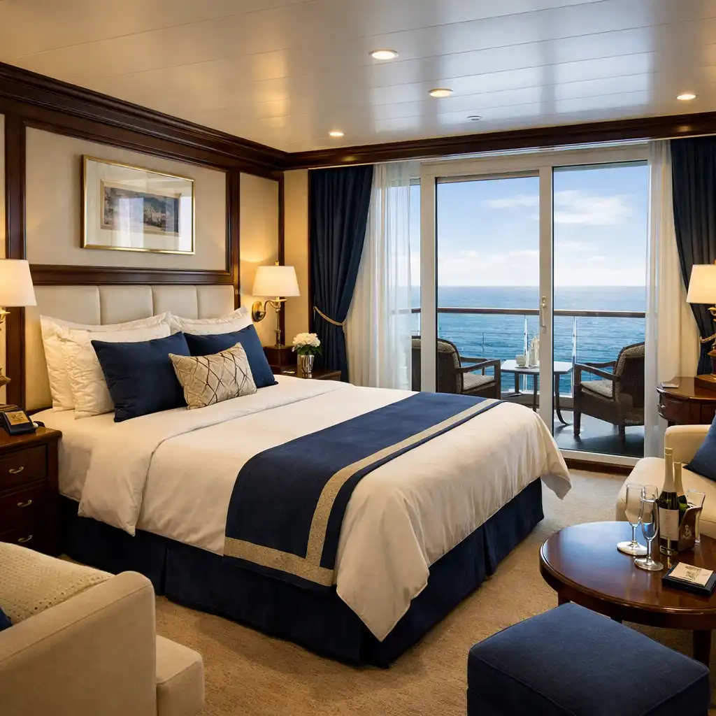 Luxurious cruise ship balcony cabin with a large bed and ocean view through floor-to-ceiling windows