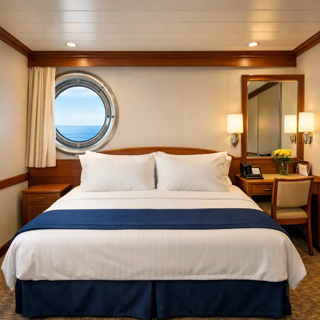A compact interior cruise cabin with a comfortable bed and smart storage
