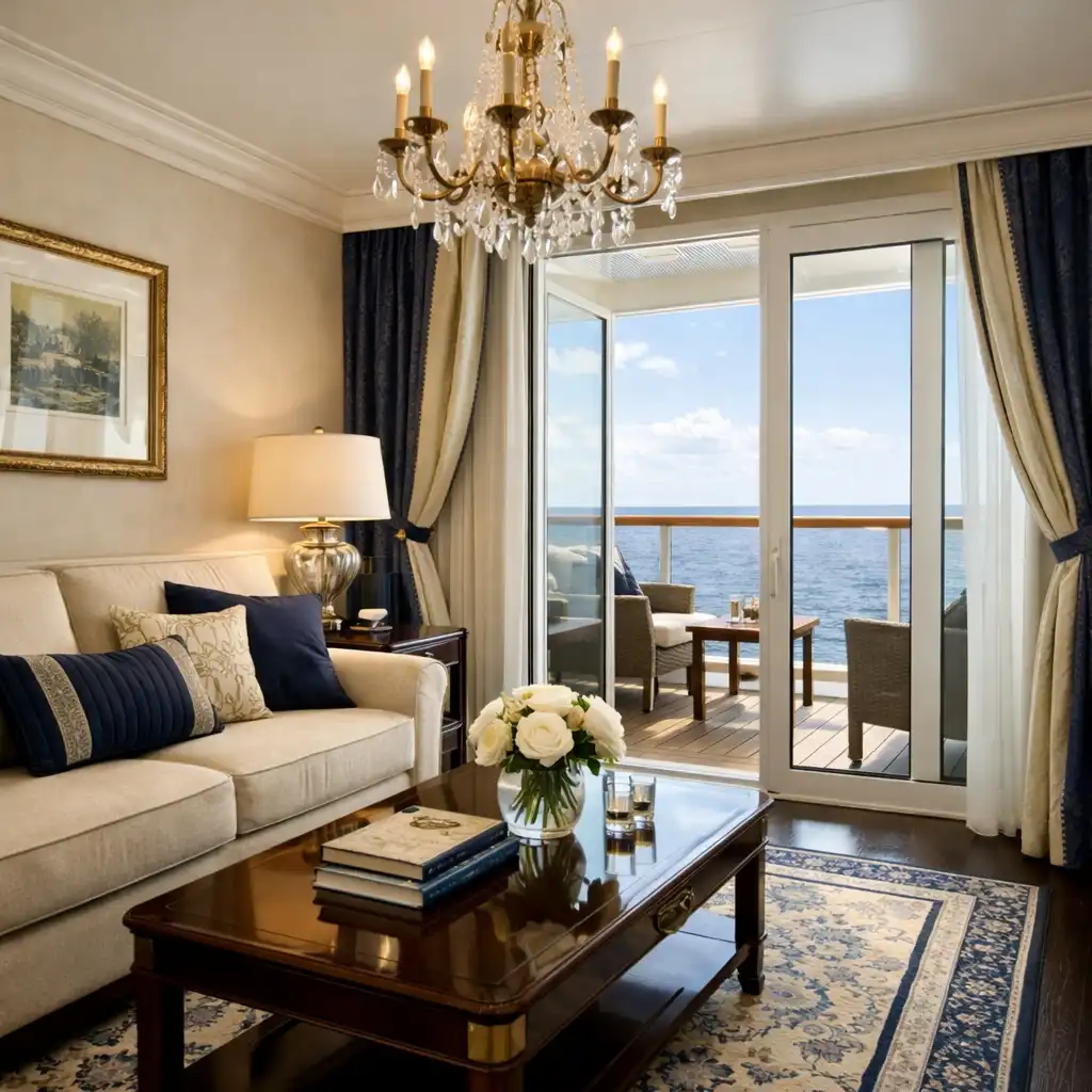 A luxurious cruise suite with separate living area and ocean-view window
