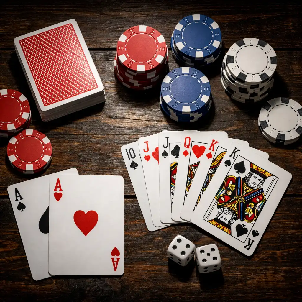 Flat lay of playing cards, dice, and stacks of casino chips on a dark wooden table
