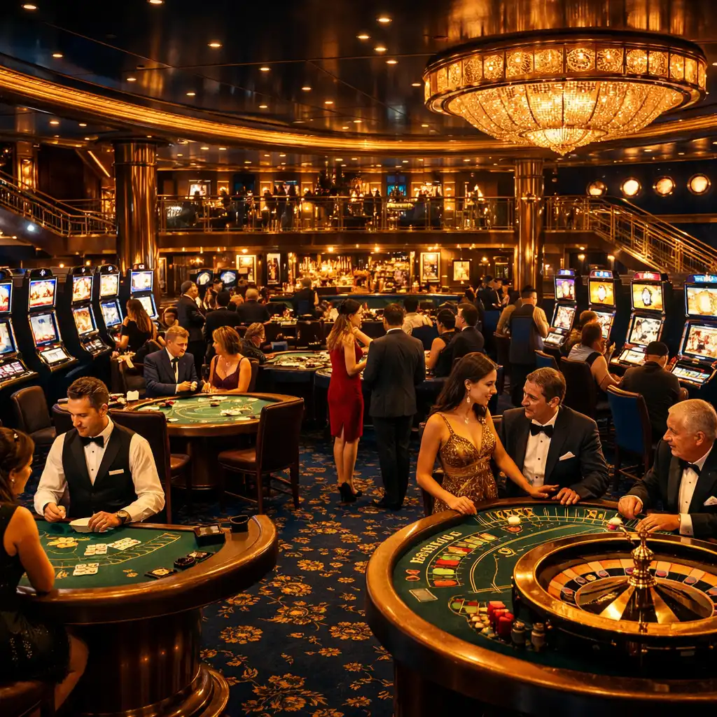 Luxurious cruise ship casino at night with warm golden lighting, slot machines, and table games
