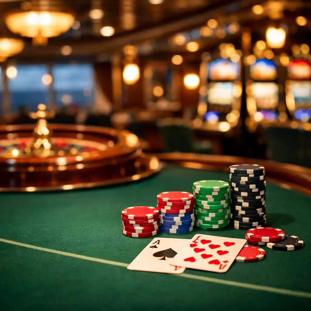 A close-up of a poker table on a cruise ship with chips and cards
