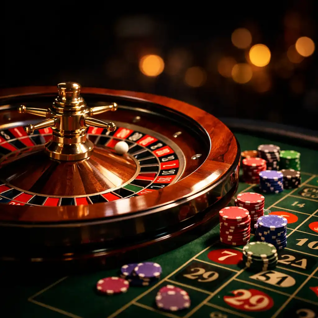 Roulette wheel with ball in motion and chips placed on the casino table layout
