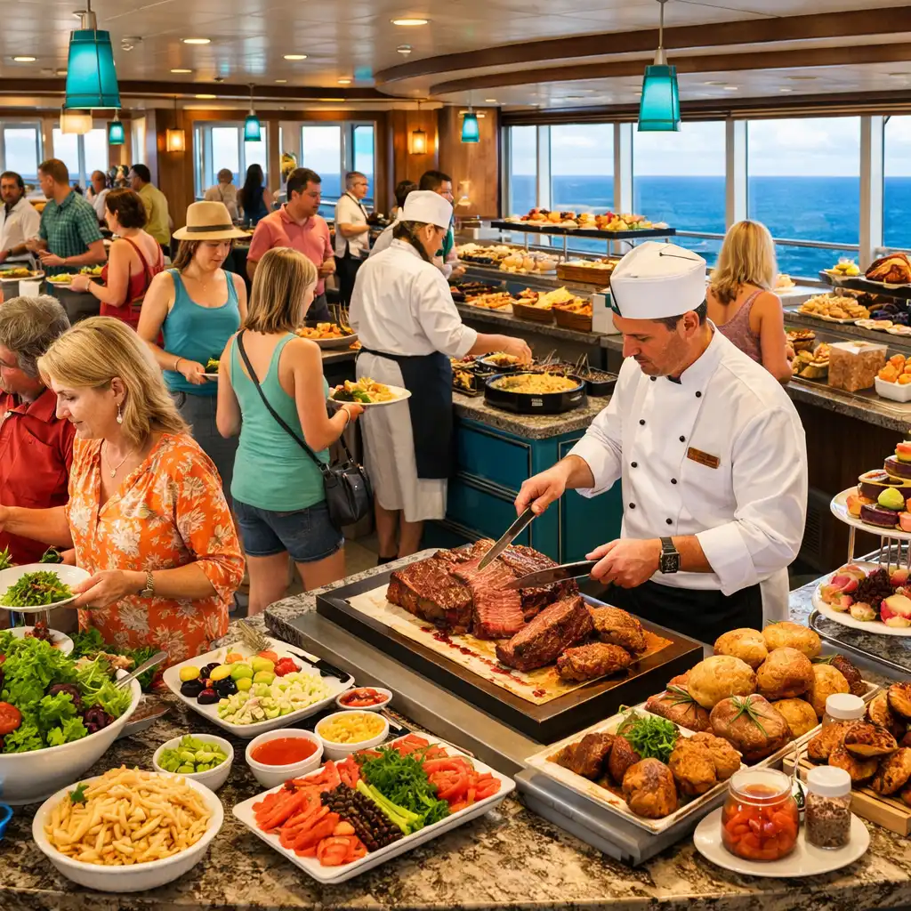 Vibrant buffet with international food stations and guests in casual attire