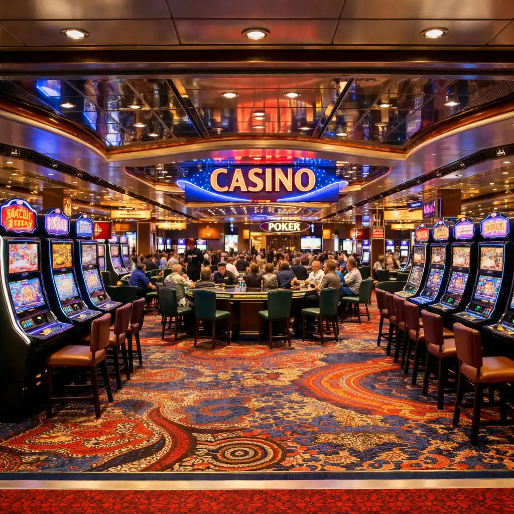 Wide shot of a large casino hall with rows of slot machines and table games