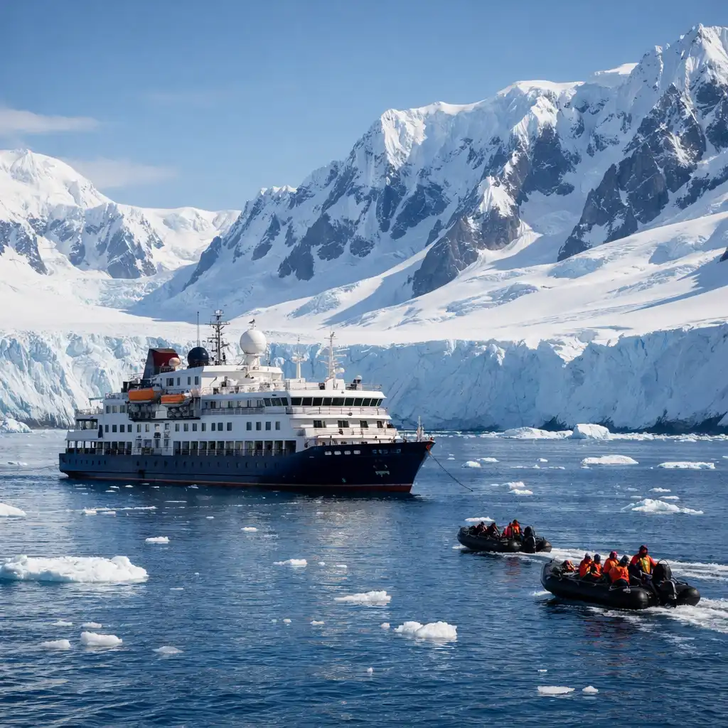 Small expedition cruise ship in a remote icy landscape with reinforced hull and zodiac boats