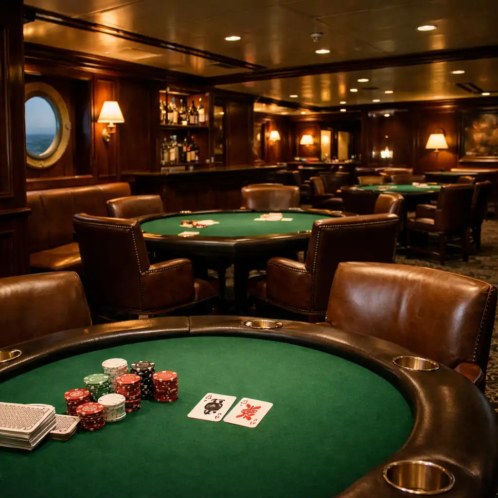 Small intimate poker room with a few tables, leather chairs, and low lighting