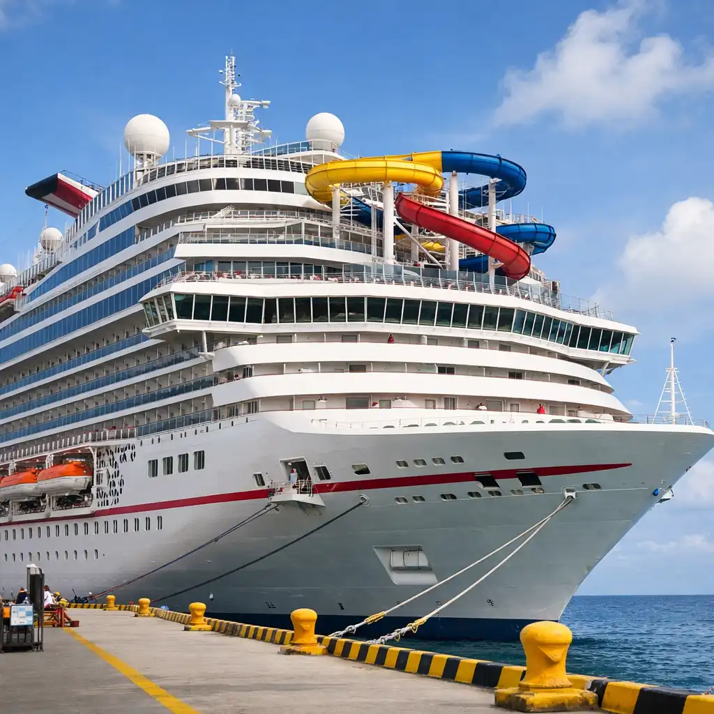Large resort cruise ship docked at a port with multiple decks and a water slide