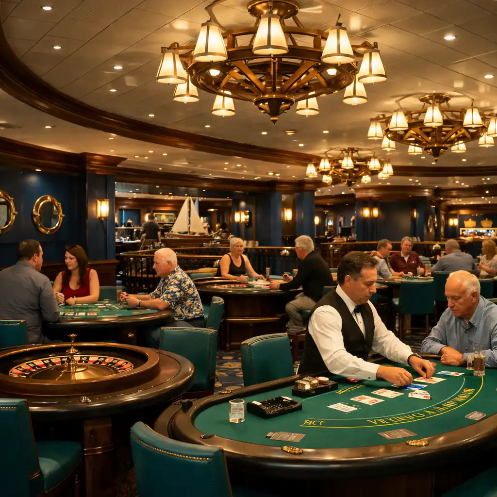 Wide view of a cruise ship casino interior with rows of blackjack and roulette tables under warm brass chandeliers