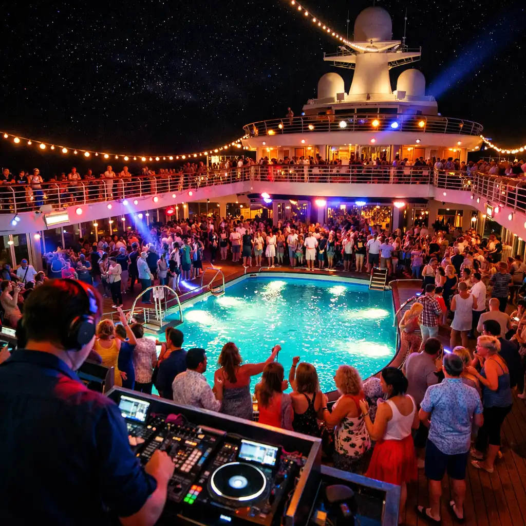 Lively deck party at night with colourful lights, a DJ booth, and guests dancing