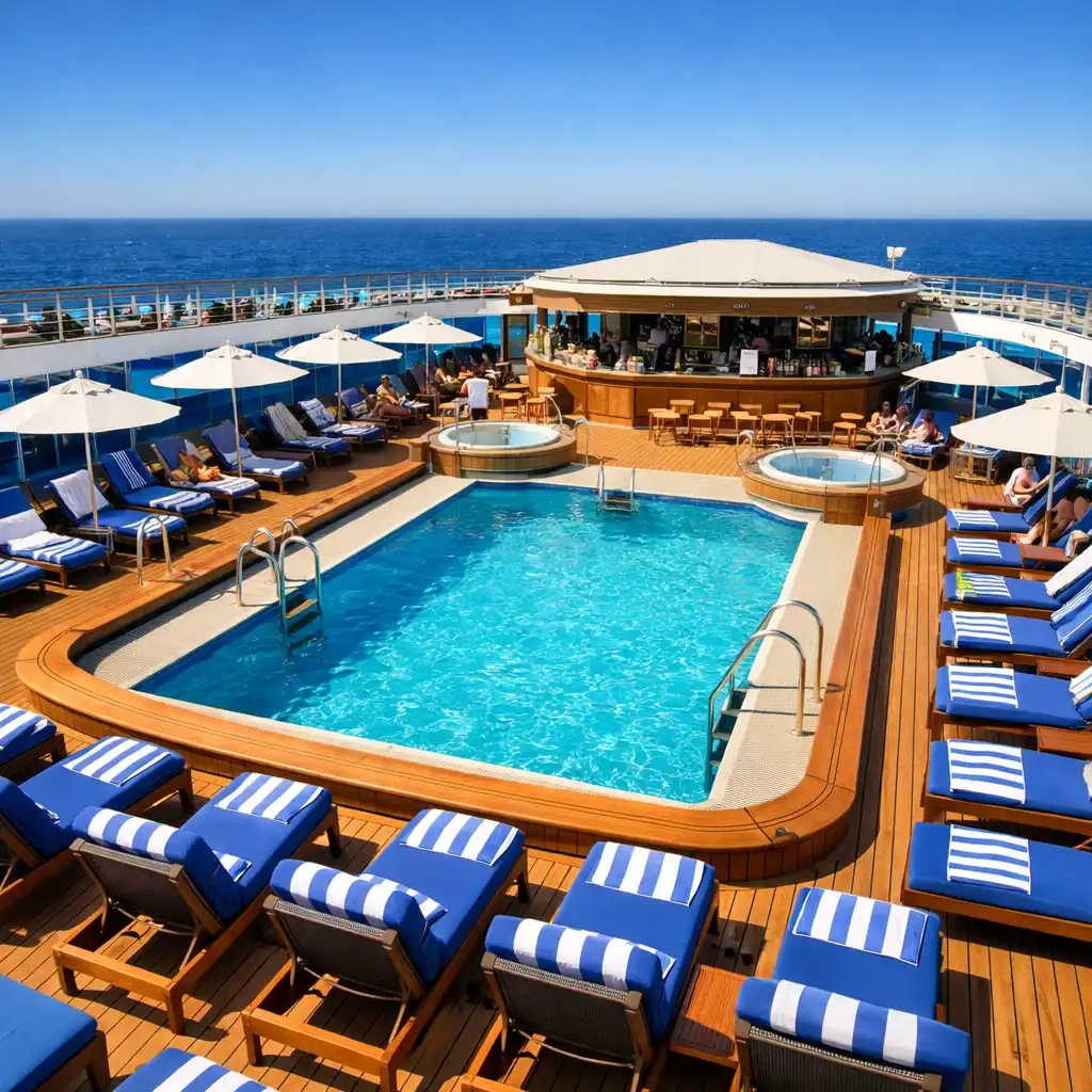 Cruise ship pool deck with large pool, lounge chairs, umbrellas, and bar area