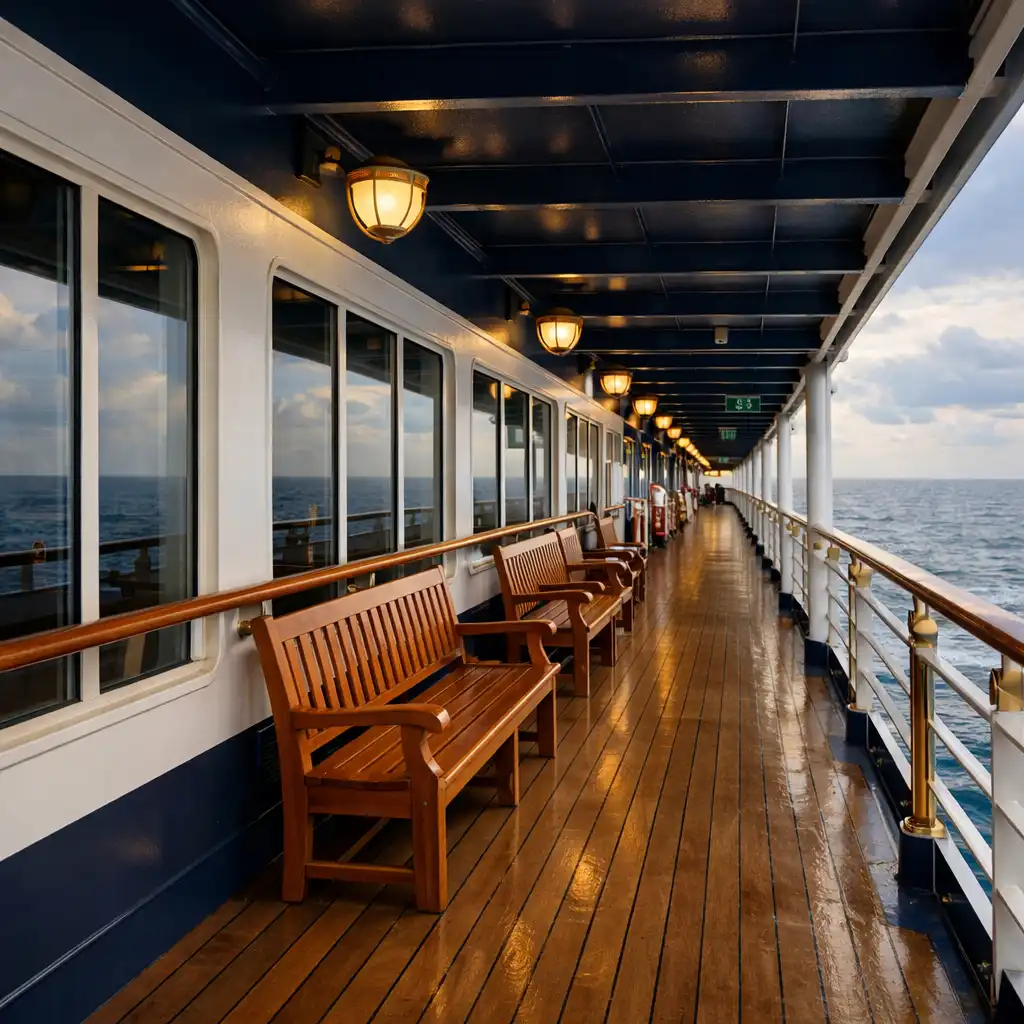 Covered promenade deck with wooden benches, brass railings, and large windows overlooking the sea
