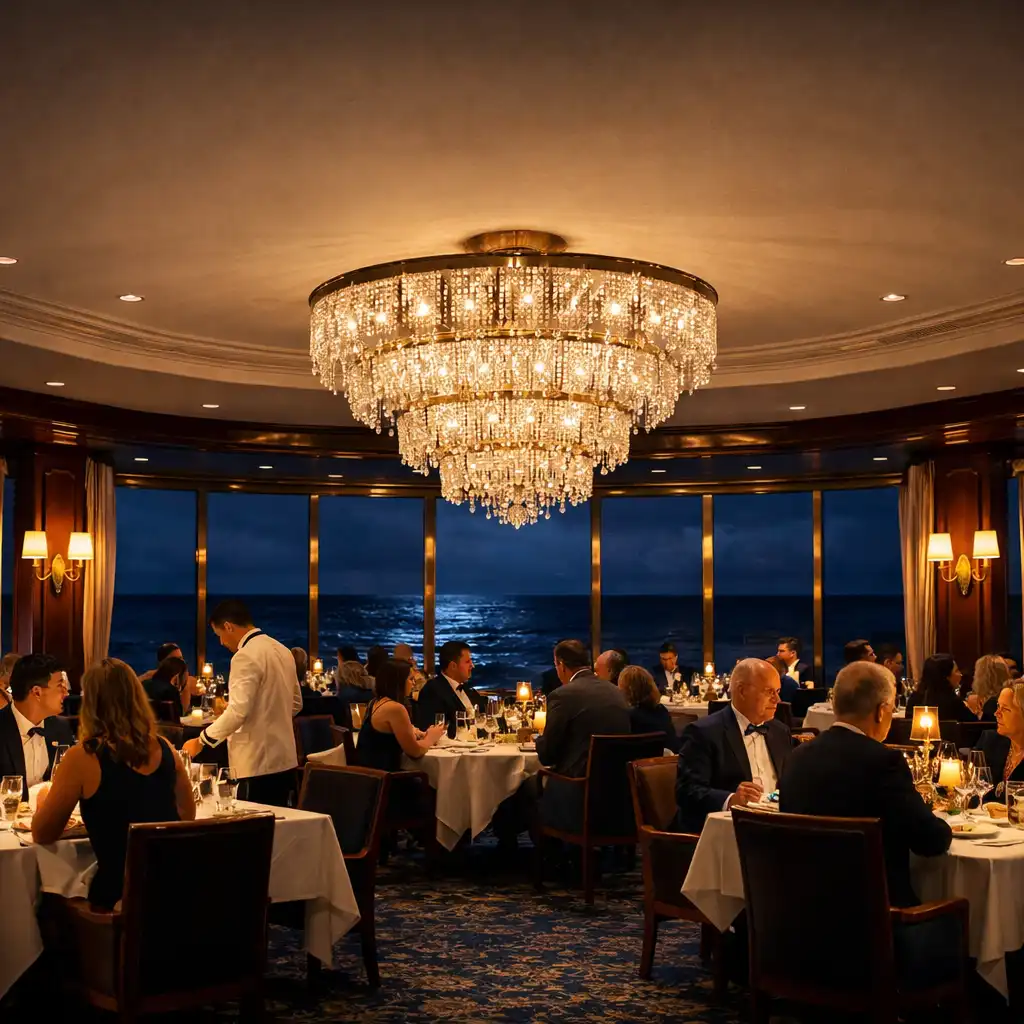 Luxurious cruise ship dining room at night with elegant table settings and ocean views
