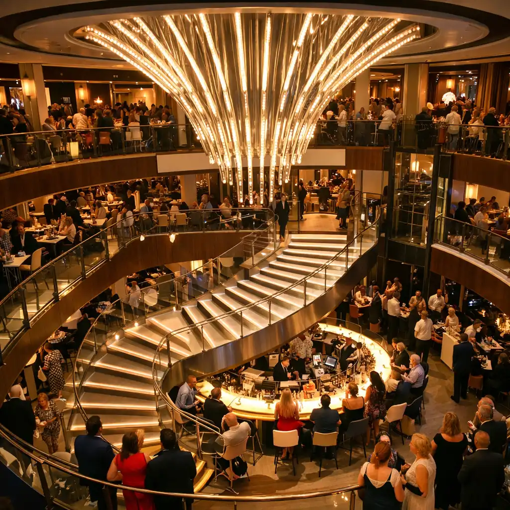 The Grand Plaza on Celebrity Apex with restaurants, bars, and a central staircase