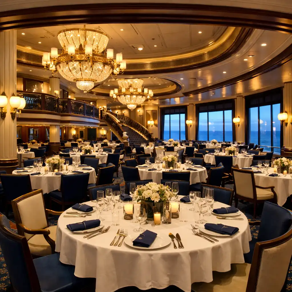 Grand main dining room with round tables, white tablecloths, and large windows overlooking the sea