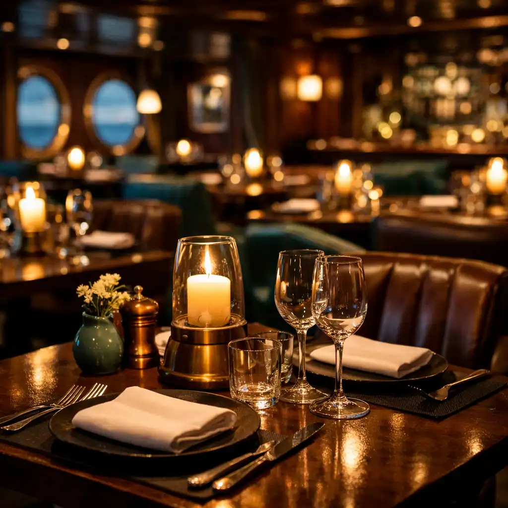 Intimate specialty restaurant with dark wood paneling, leather chairs, and candlelit tables