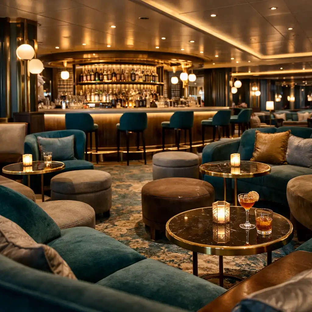Stylish cruise ship lounge with low seating, cocktail tables, and a bar in the background