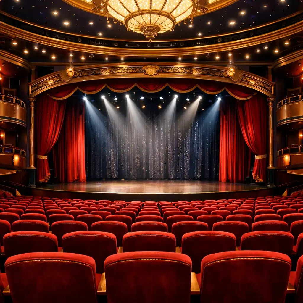 Large cruise ship theater with red velvet seats, stage curtains, and ornate ceiling details