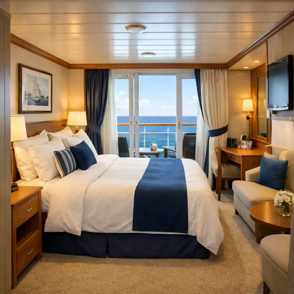 Cozy cruise ship cabin with a balcony, comfortable bed, and large window showing the ocean