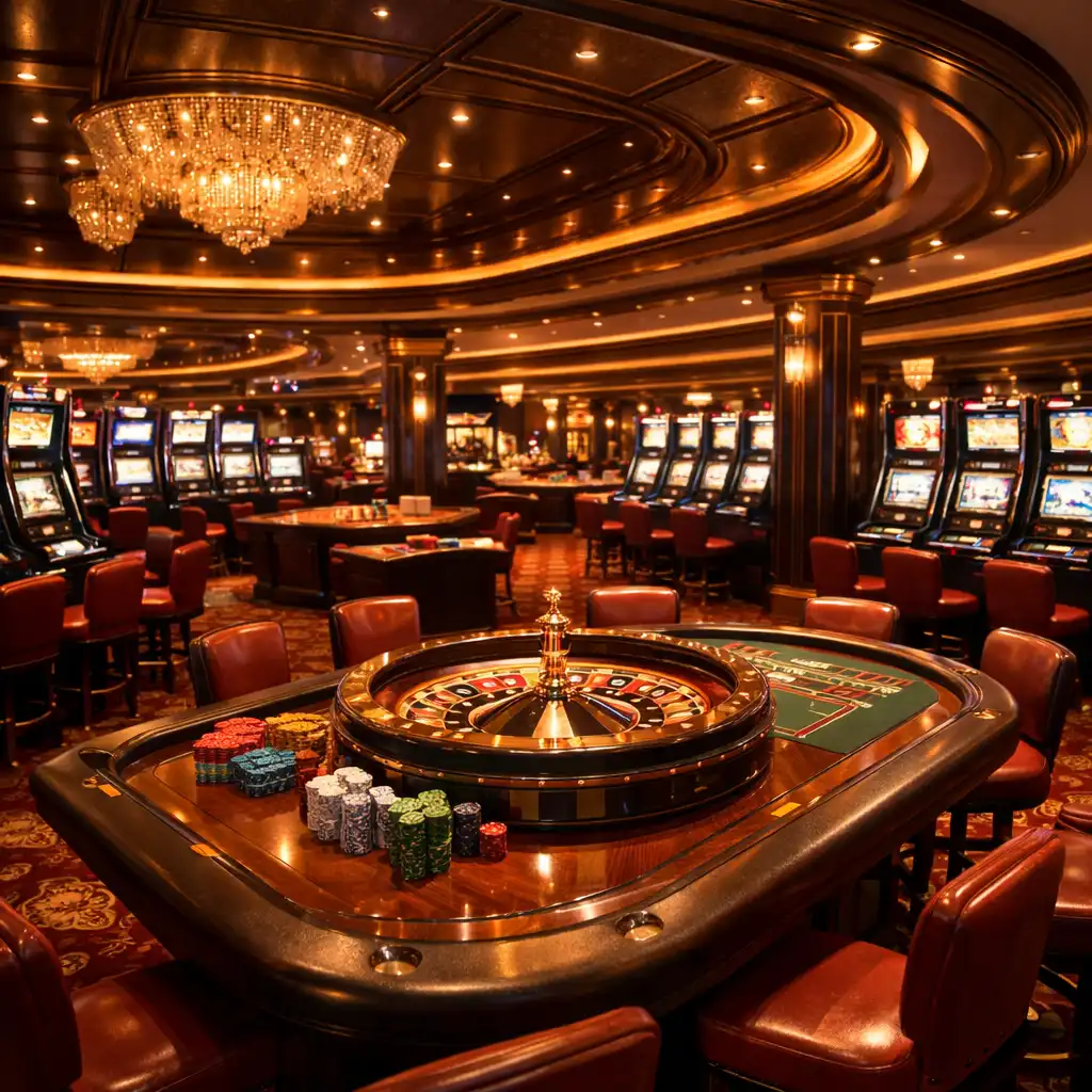 A busy casino floor with rows of slot machines