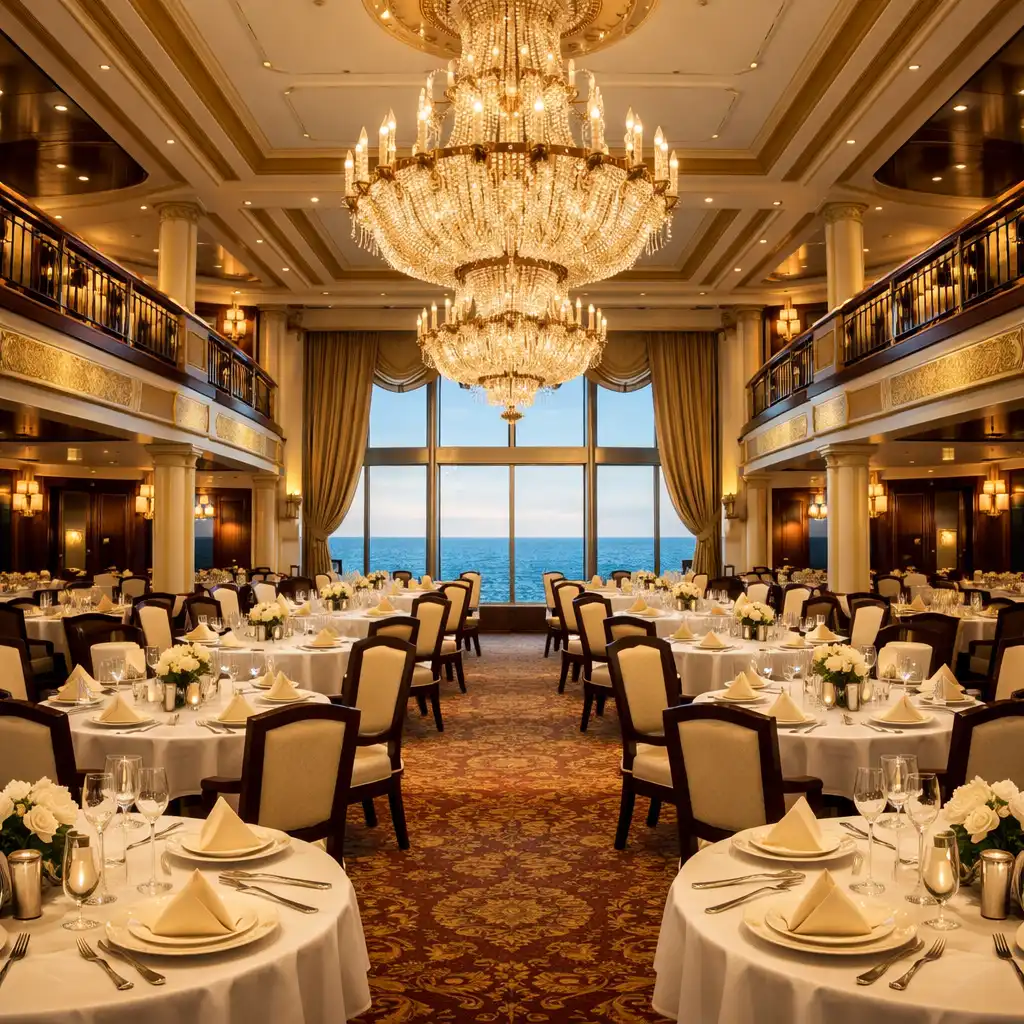 An elegant main dining room with white tablecloths and a grand chandelier
