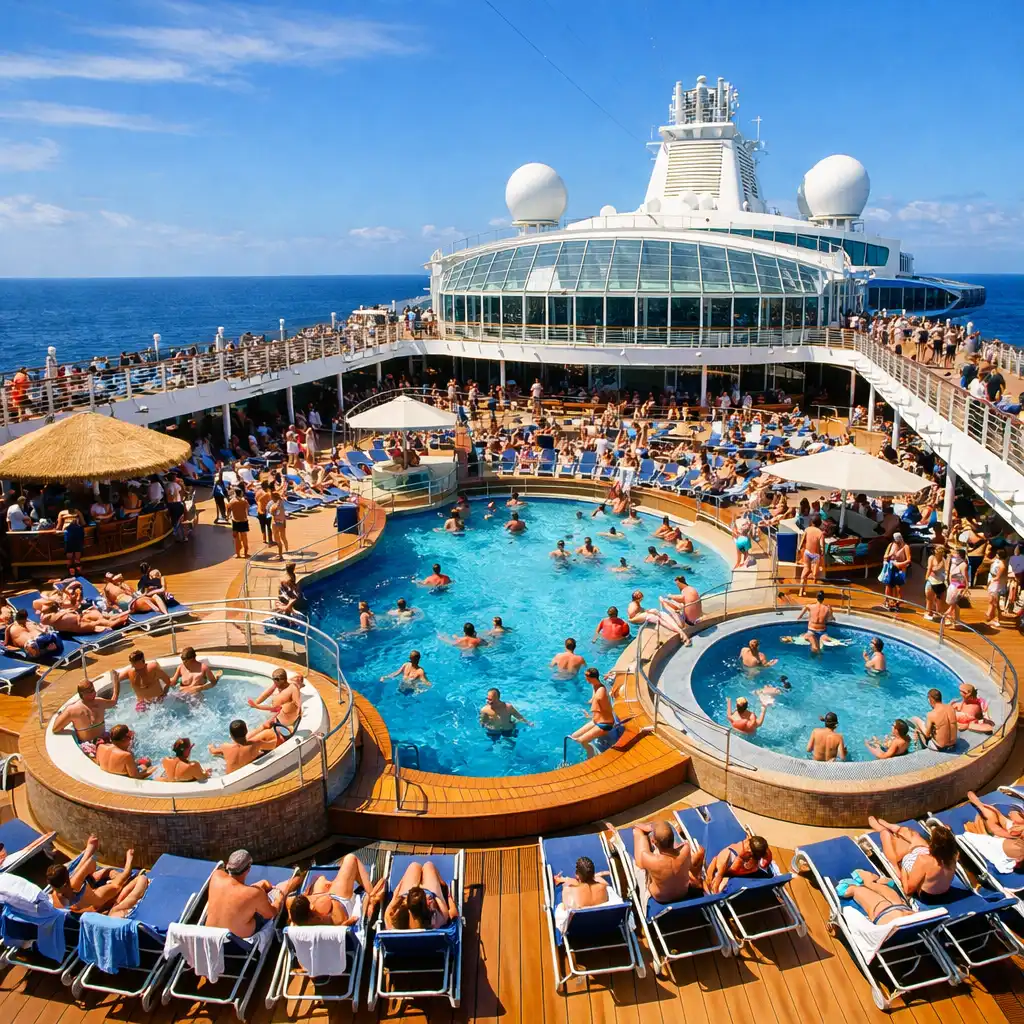A cruise ship's top deck with pools and loungers