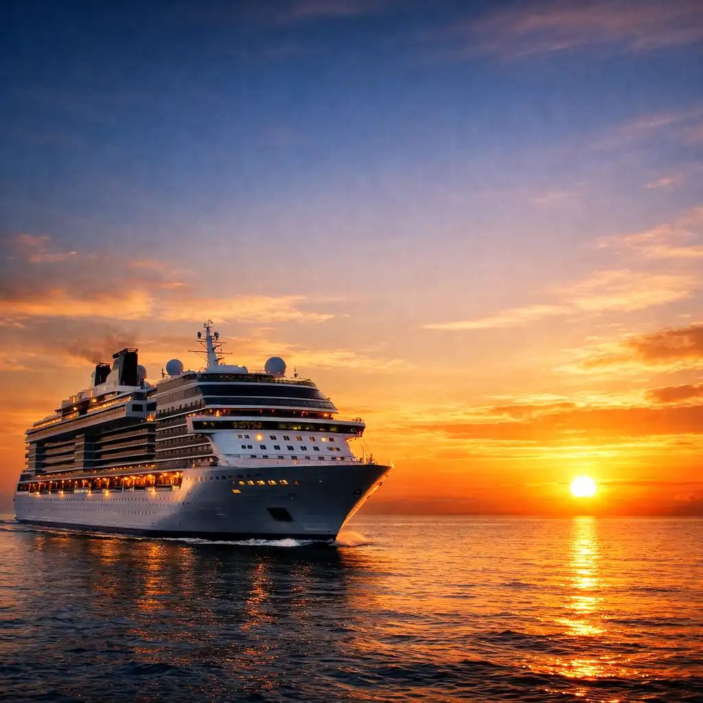 A majestic modern cruise ship at sea during golden hour