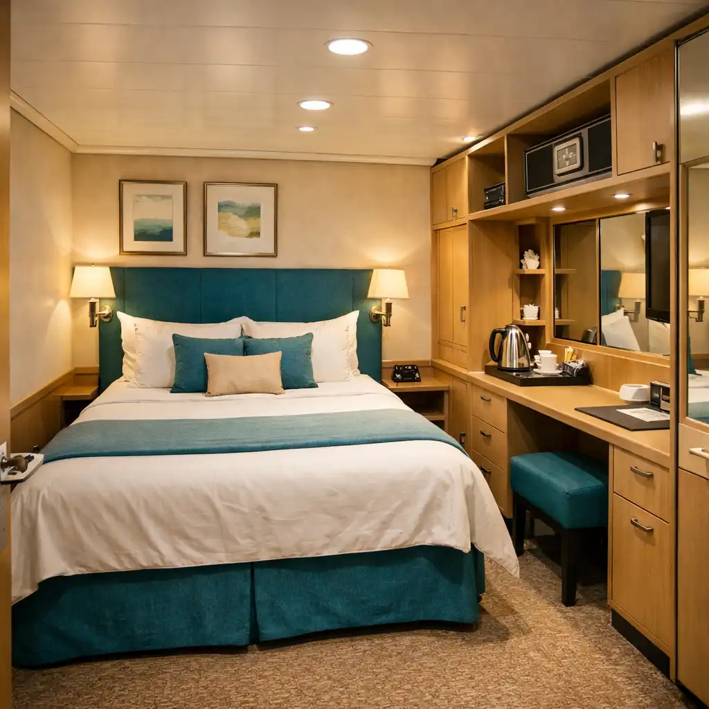 Cozy interior cruise ship cabin with a neatly made bed and compact desk