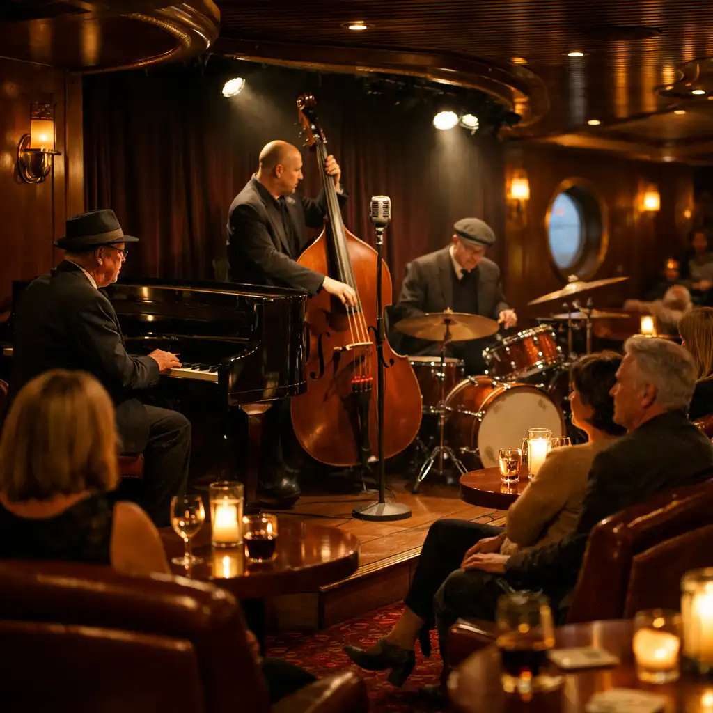 Cozy live music lounge with a jazz trio performing under a spotlight