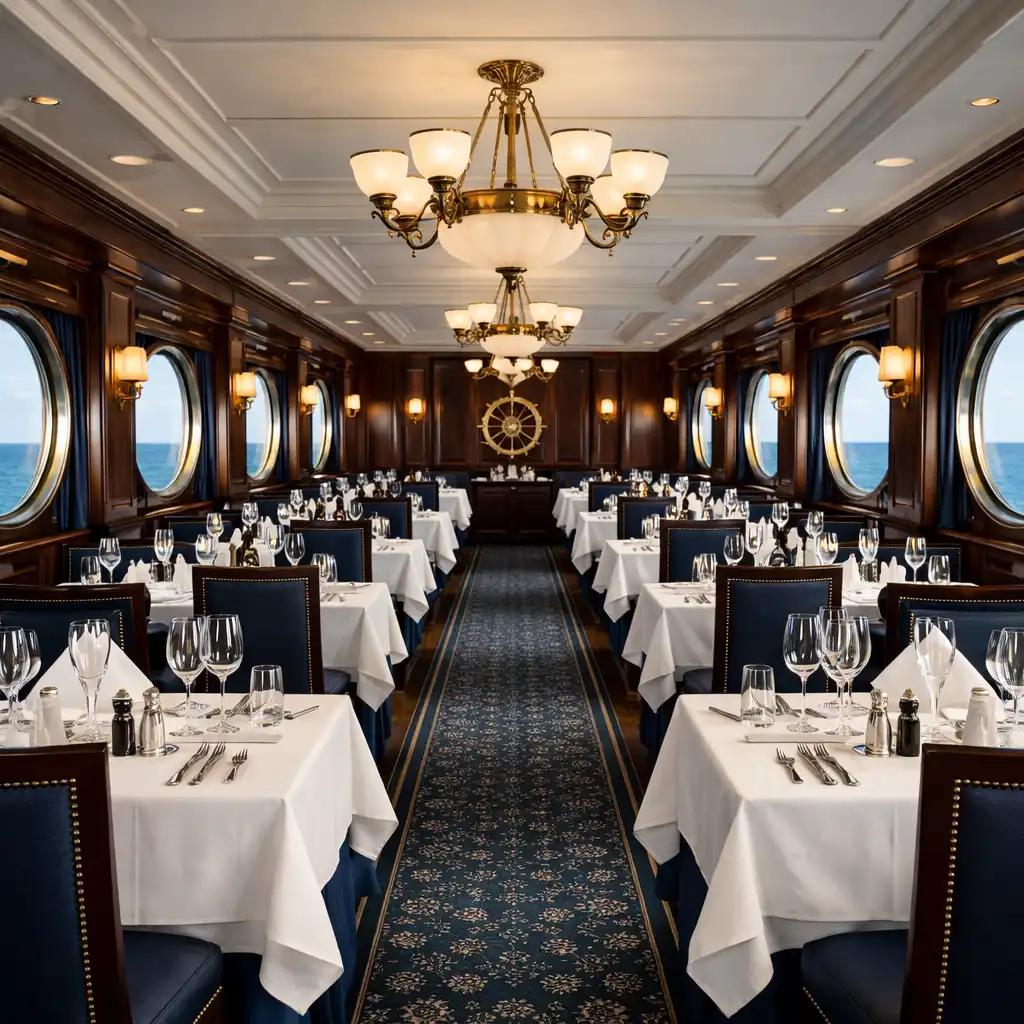 Elegant main dining room with white linens, dark wood, and porthole windows