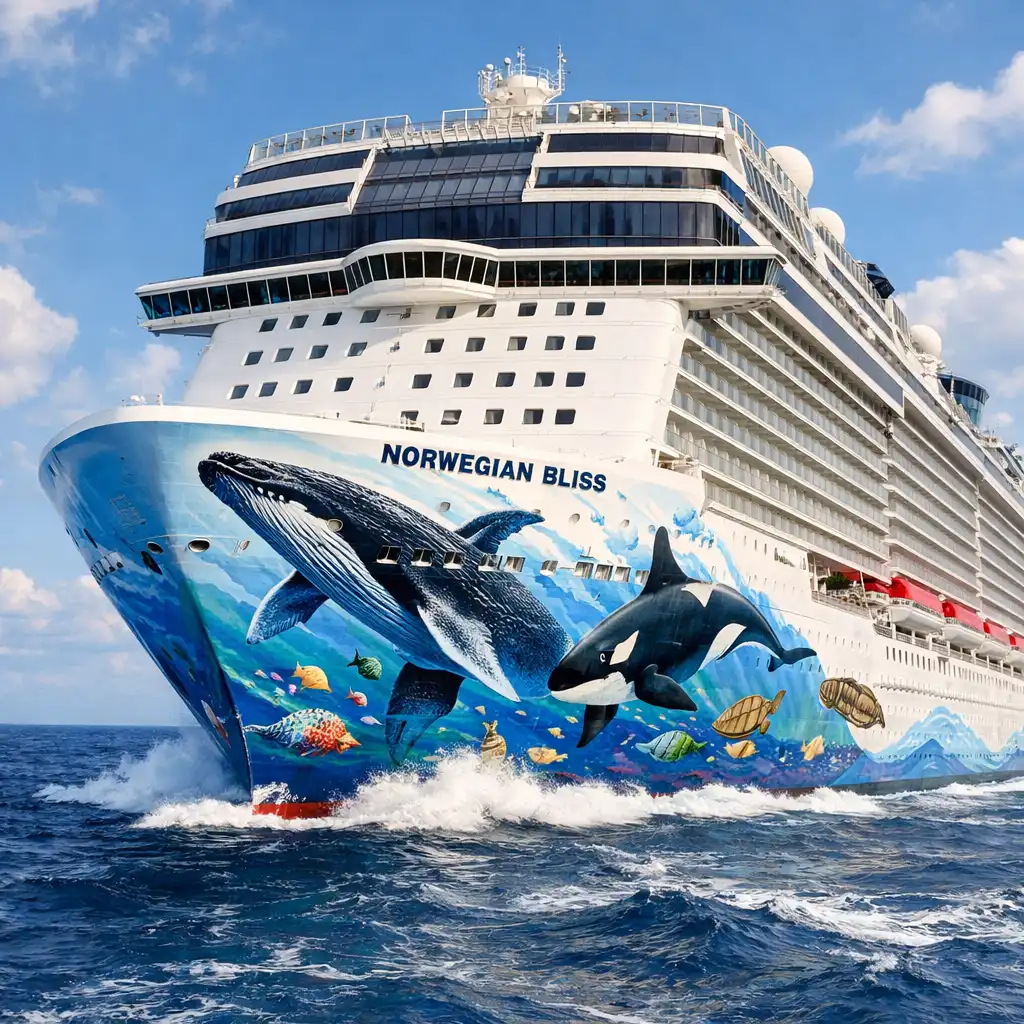 Norwegian Bliss cruise ship at sea with colourful hull art depicting an underwater scene