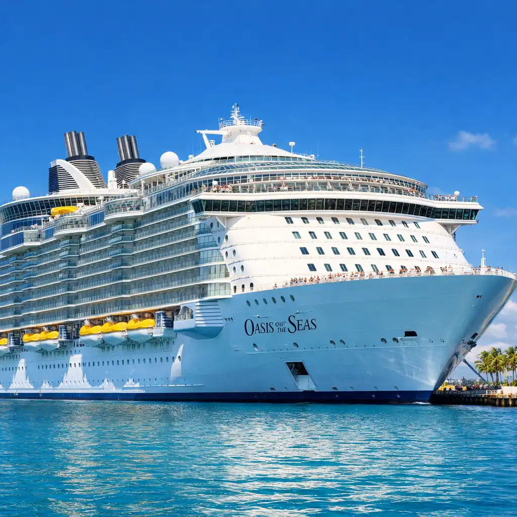 Oasis of the Seas cruise ship docked at a sunny port with clear blue water
