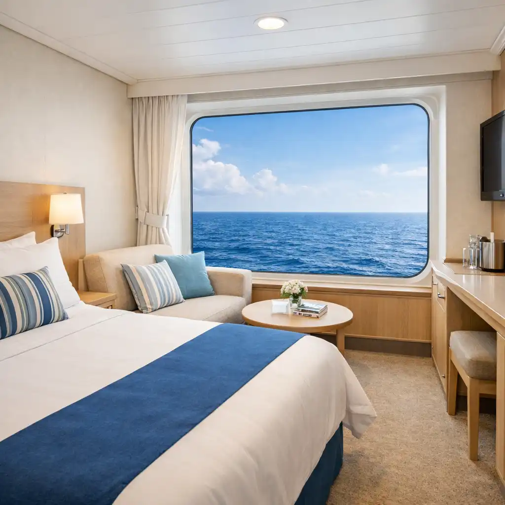 Bright oceanview cruise ship cabin with a large picture window framing the sea