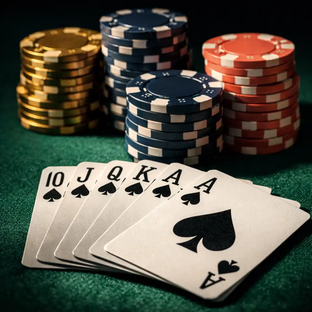 Close-up of a poker table with a fan of playing cards and stacks of brass, navy, and coral chips