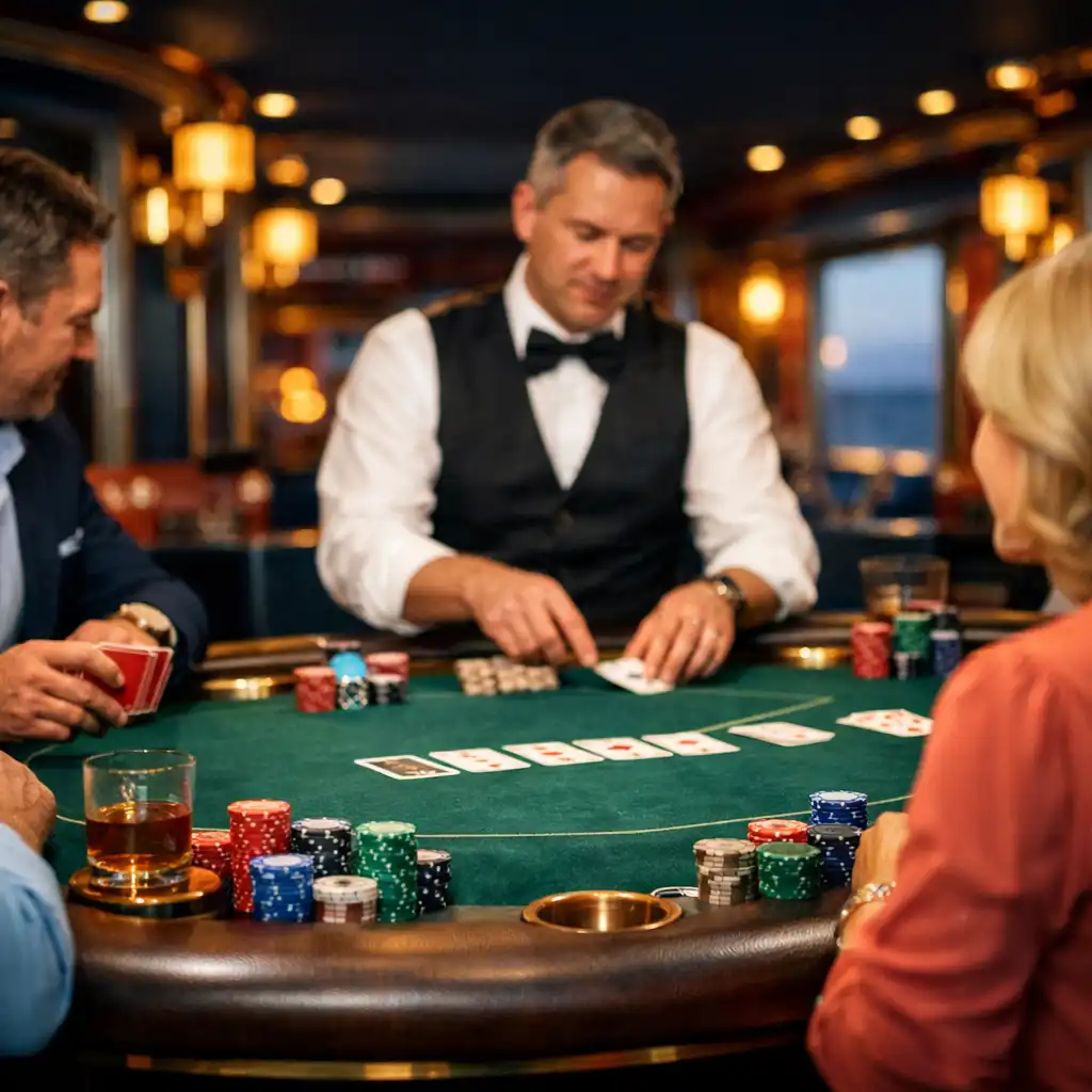 A luxurious cruise ship casino poker table with a dealer and players in smart casual attire