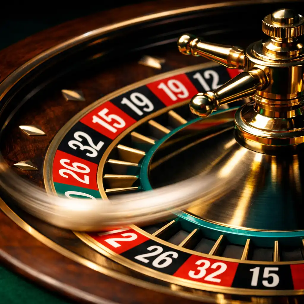 Extreme close-up of a roulette wheel in motion with brass and teal accents and a blurred spinning ball