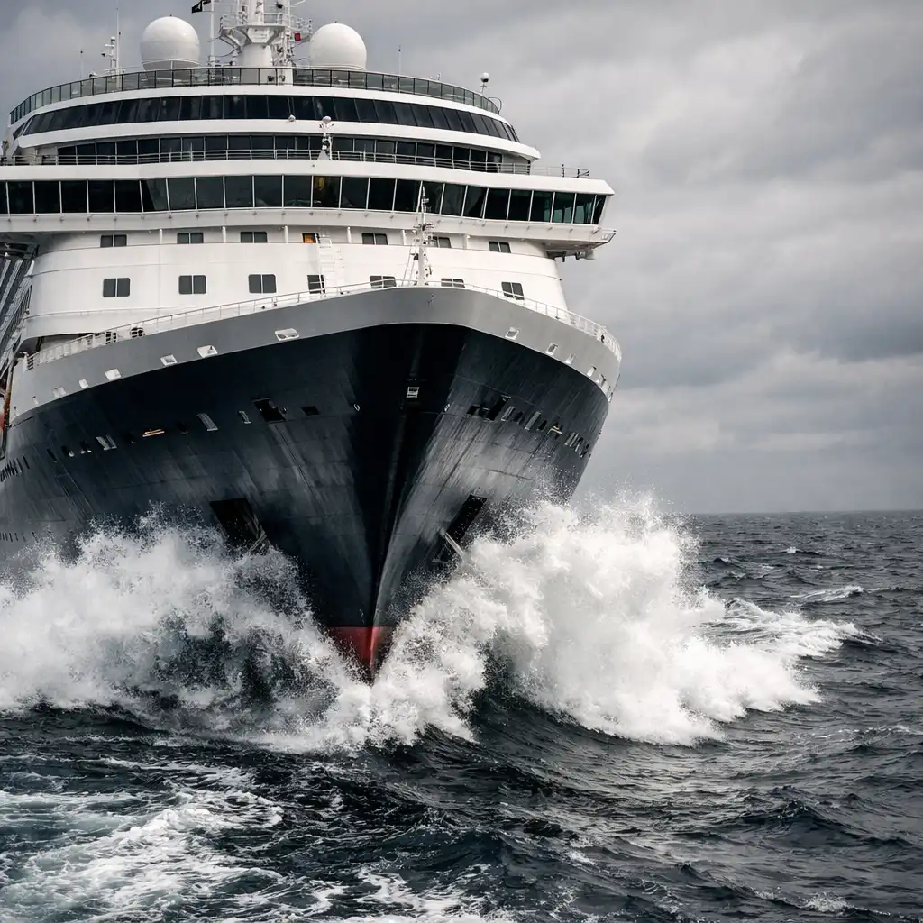 Close-up of a cruise ship bow cutting through the water with white foam and dark hull