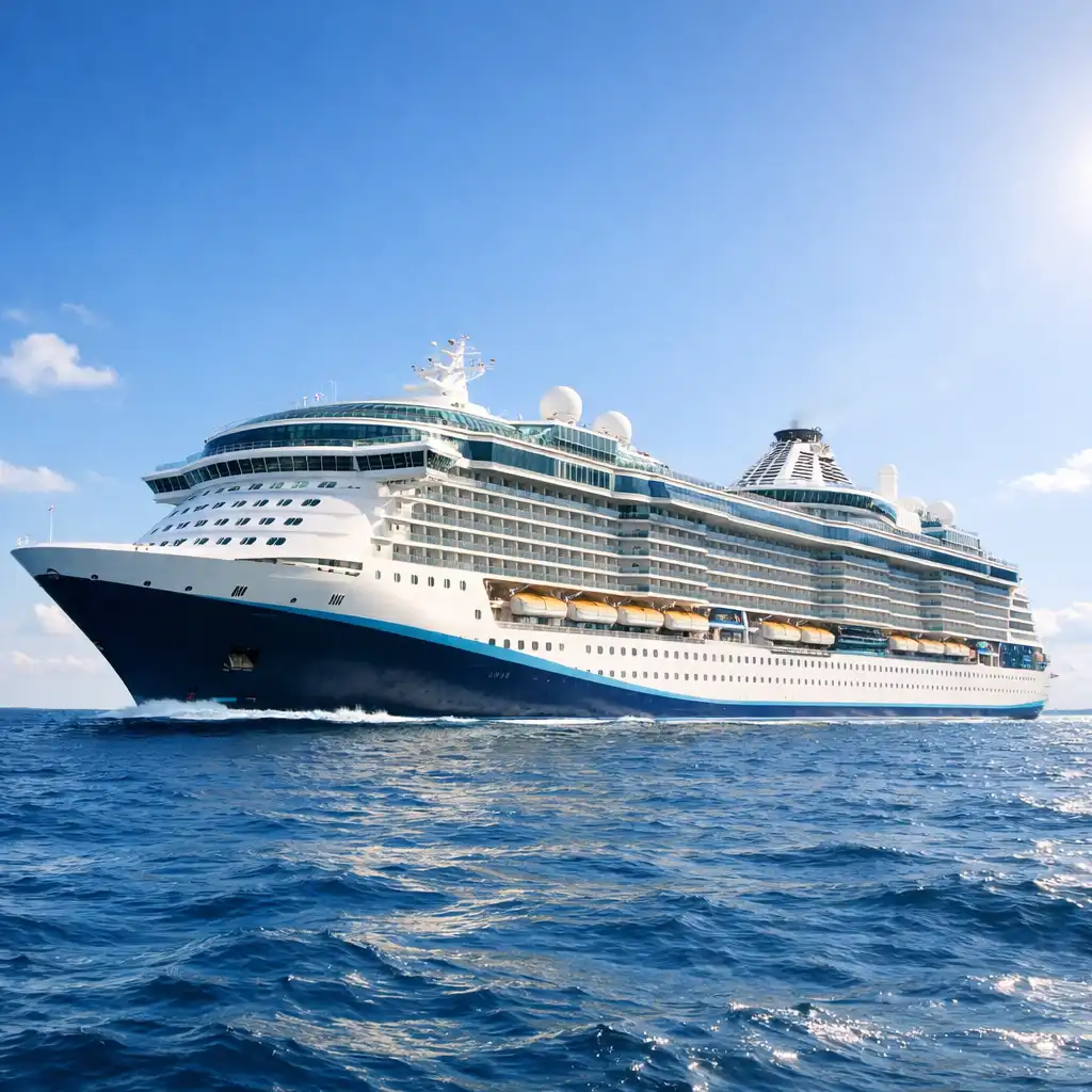 Wide panoramic view of a large modern cruise ship at sea with white hull and navy accents