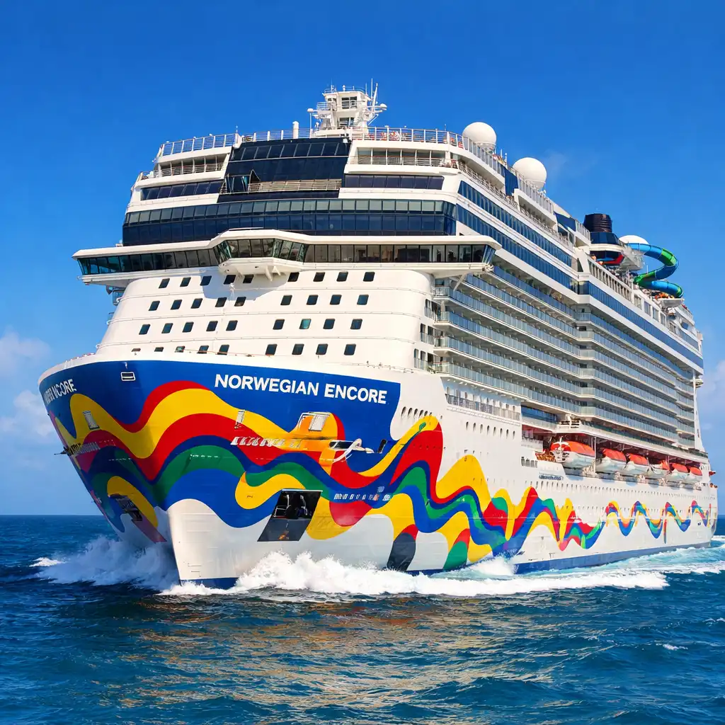 Norwegian Encore sailing in clear blue water