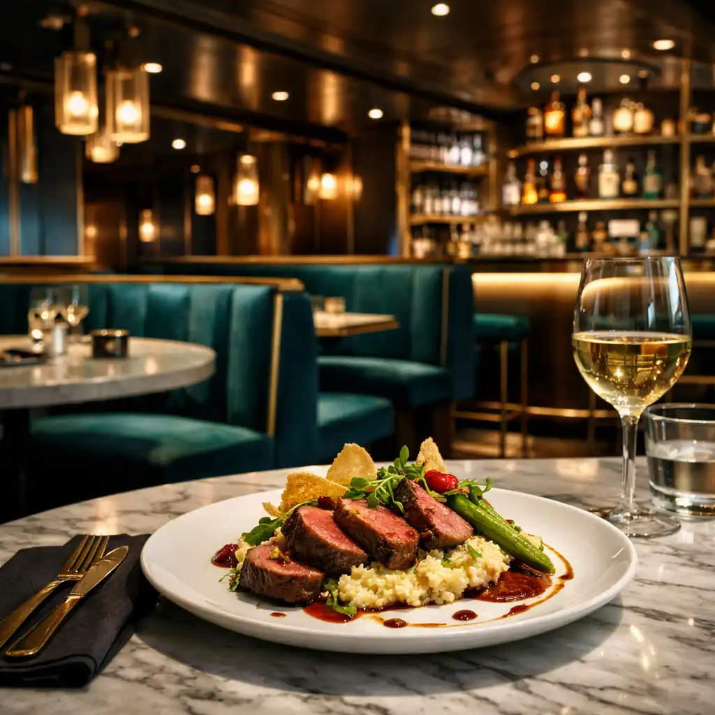 Modern specialty restaurant with teal and brass accents and a plated gourmet dish