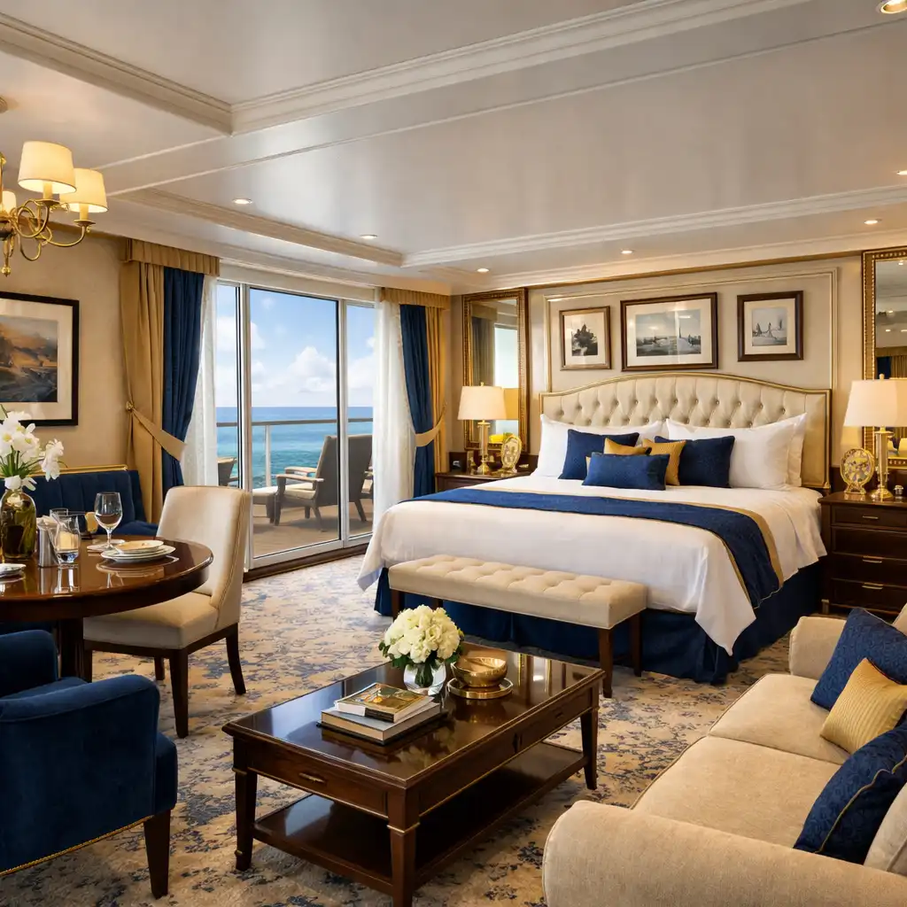 Spacious cruise ship suite with separate living area, elegant furnishings, and a large balcony