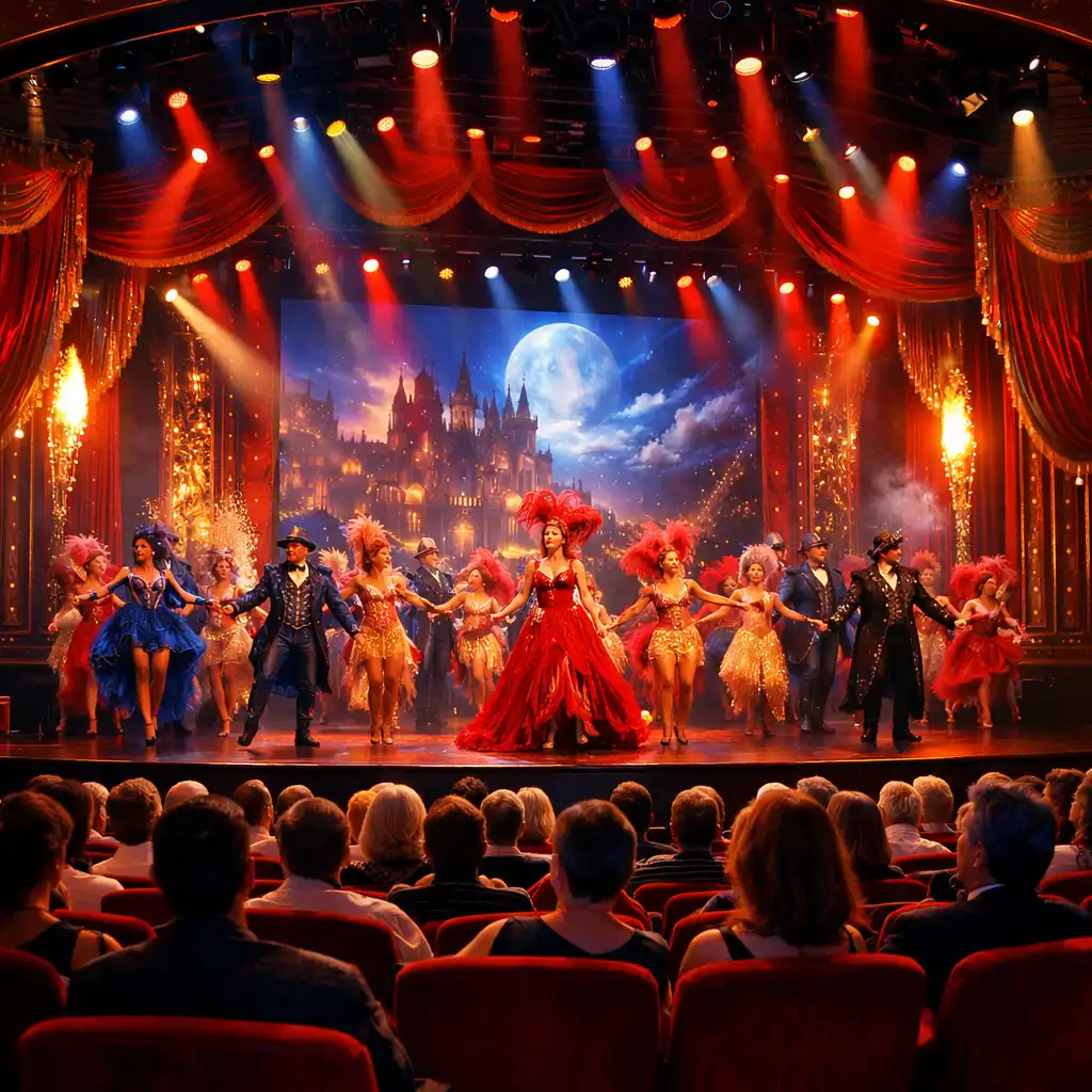 Grand theatre stage with performers in elaborate costumes and dramatic lighting